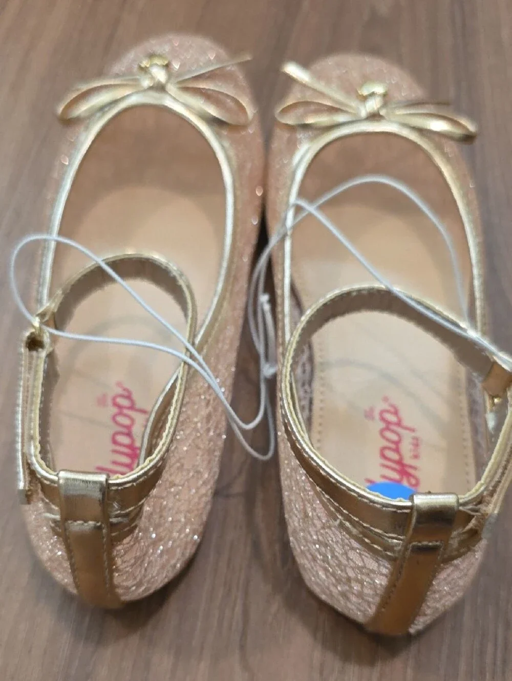 Girl's Shimmery Rose Gold Ballet Flats with Ankle Strap. Size 2.